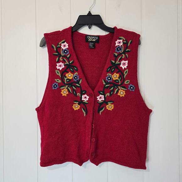 Vintage Sweater Vest Pronto Gold Floral Embroidered Red Knit Buttons L - Picture 6 of 8